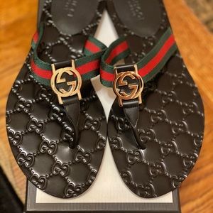 Authentic Gucci GG Web Thong Sandals Size 37 Black
